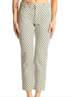 Banana Republic Sloan Casual Pants White Blue Geometric Print Sz 2
